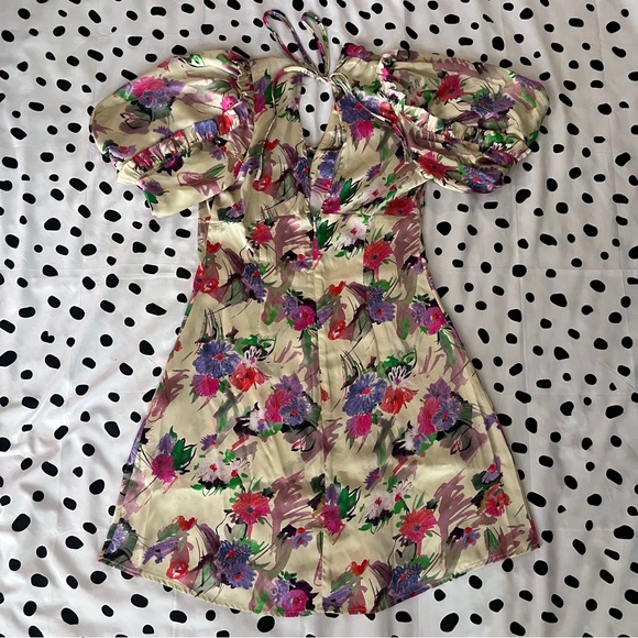 Topshop Floral Print Puff Sleeve Tie Front Satin Mini Dress - Picture 6 of 7
